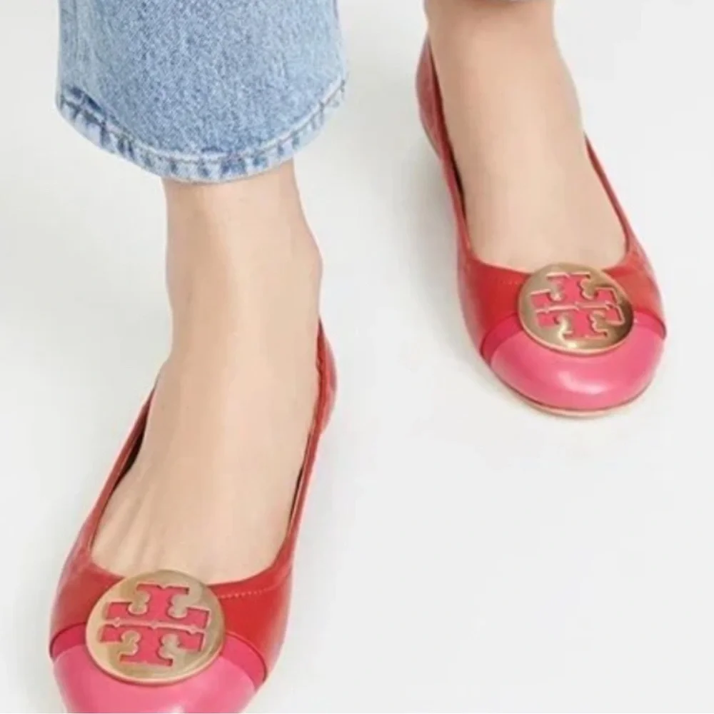 Tory Burch Cap Toe Colorblock Nappa Leather Minnie Ballet Flats Red Azalea Pink